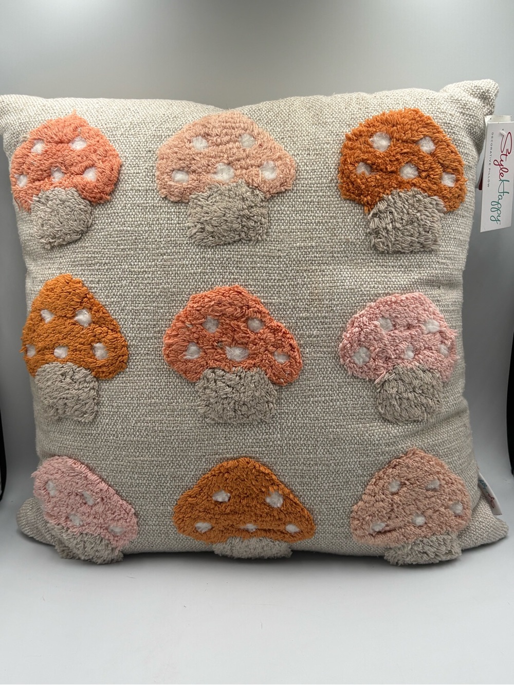 Style Happy 18x18 Mushroom Decorative Throw Pillow Pink Orange Tufted NWT